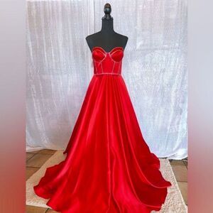 NWT RED CORSET EMBELLISHED RHINESTONE MAXI SATIN DRESS RED Jules and cleo